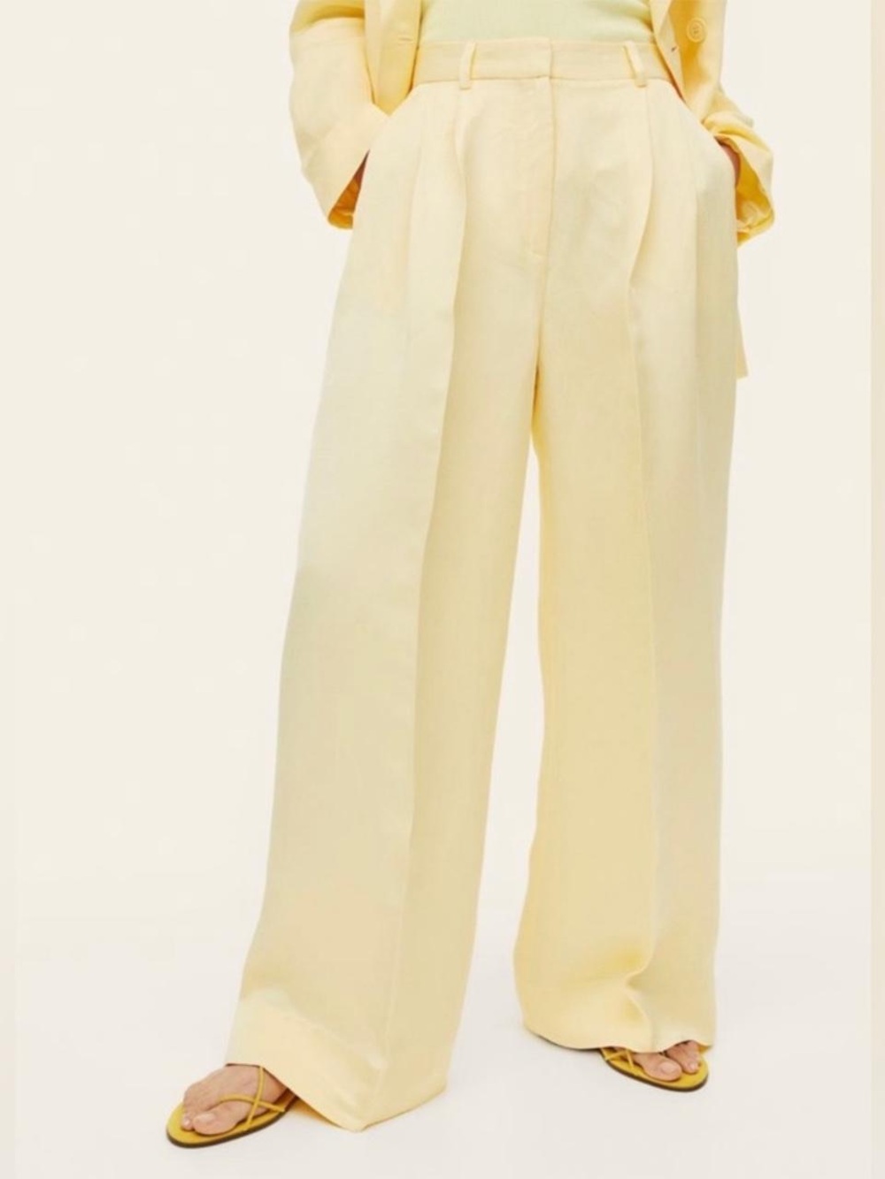 NWT H&M Soft Yellow Wide-Leg High-Waist Linen Blend Trousers